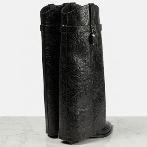 Women High Heel Wedge Wide Calf <strong>Boots</strong> Pointy Toe Shark Lock Printed <strong>Trouser</strong> <strong>Boots</strong> for Men - Product Image 4