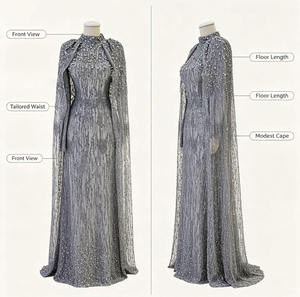 <span class=keywords><strong>Robe</strong></span> Abaya Maxi <span class=keywords><strong>de</strong></span> Soirée Modeste pour Femme, Personnalisée OEM, Luxe, Gris Argenté, Entièrement Brodée <span class=keywords><strong>de</strong></span> Paillettes et Perles, Manches Cape, Col Montant, Style Musulman - Product Image 3