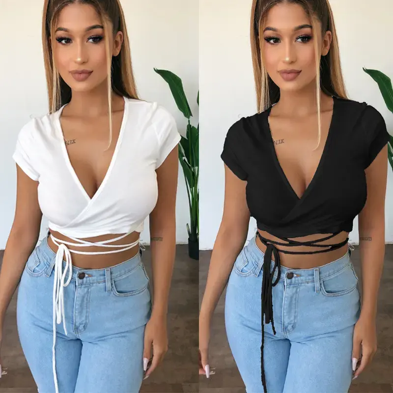 sexy white cotton Deep V neck crop top women plunging neck back cropped tees