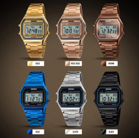Montre numérique rétro avec logo personnalisé, boîtier en alliage doré, bracelet en acier inoxydable, rétroéclairage, alarme, chronographe, montre élégante pour homme et femme