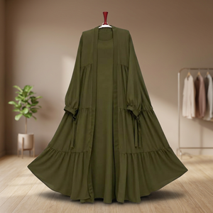 Abaya longue vert olive à manches longues, respirante, faite à la main, coupe ample, couleur unie, pour femmes adultes, usage quotidien toutes saisons - Product Image 2