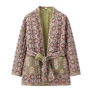 Veste matelassée décontractée pour femme, col en V, imprimé floral, manches longues, multicolores, avec doublure en polyester tissé, ceinture - Product Image 1