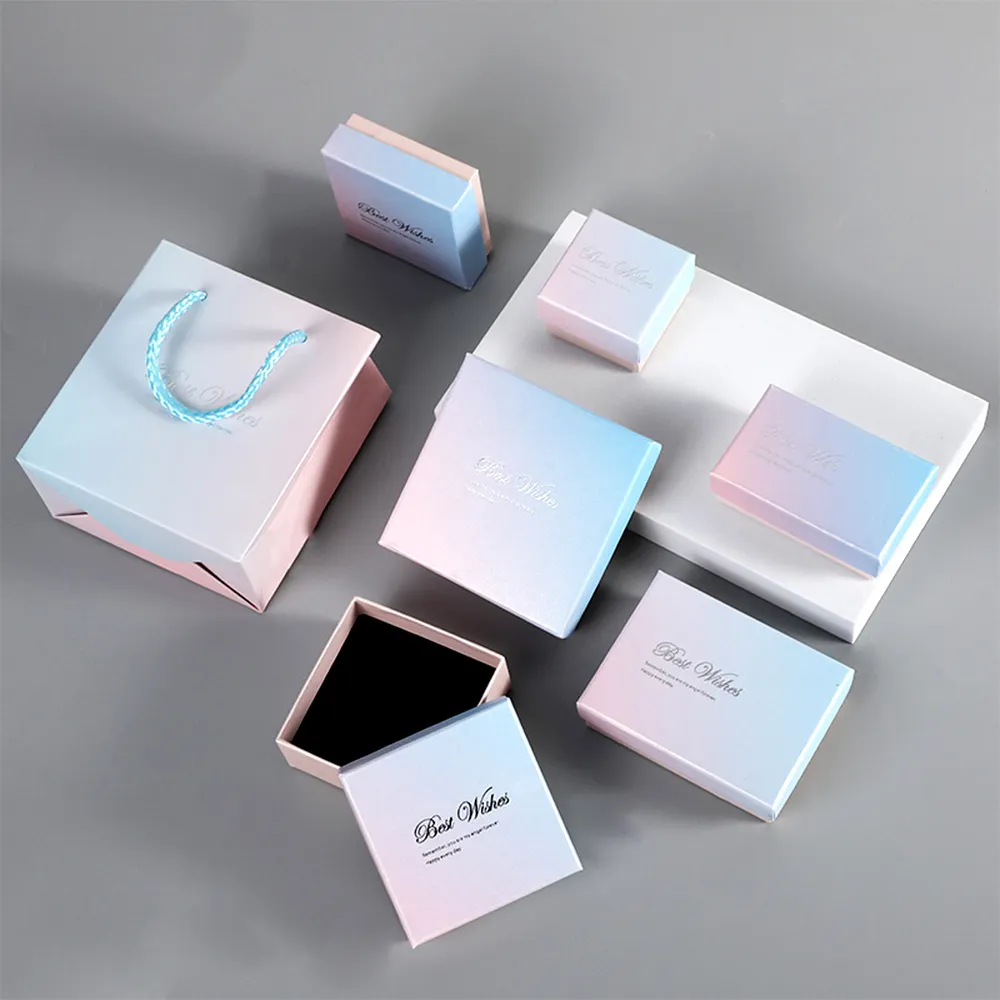Оптовая продажа на заказ, бумажная коробка для ювелирных изделий, колье, подарочная упаковочная коробка, розовая синяя градиентная коробка, печать Вашего логотипа