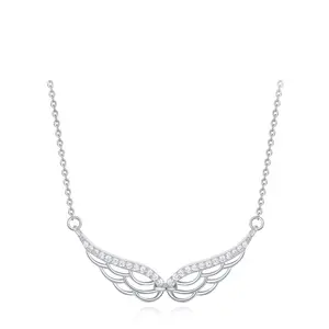 New arrival sweet hollow design sterling silver 925 jewelry angel wings necklace rhodium plated zircon clavicle chain