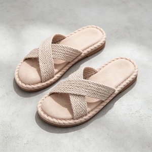 Infradito da donna traspiranti in tessuto effetto juta, <span class=keywords><strong>sandali</strong></span> piatti da spiaggia, ciabatte casual in paglia, scarpe estive da esterno ODM - Product Image 3
