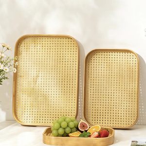 Ensemble de plateaux de service en bambou rouge érable, 3 pièces, rectangulaires, avec poignées, pour fruits, thé, café, rangement, cuisine, salle à manger, plateau décoratif - Product Image 3