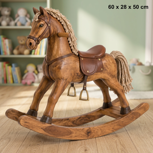 Cheval à bascule artisanal en bois de manguier avec crinière et selle en jute 60x28x50 cm - Product Image 3