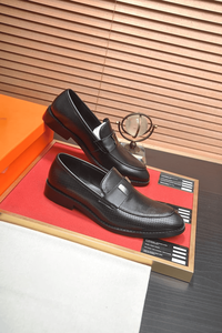 Men's Black Perforated Leather Loafers with Metal Buckle <b>Slip</b> On Formal and Breathable Dress Shoes hermessing - Product Image 5