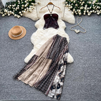 Damen Sommer Neckholder Crop Top Bedruckter Stufenrock Set Boho Urlaub Zweiteiler Outfit