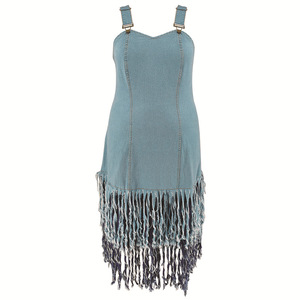 2025 Hot SaleXL-5XL Plus Size Denim Sleeveless Halter Fringe Patchwork Jeans <strong>Dress</strong> for Women - Product Image 5