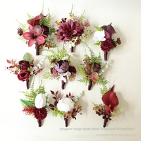 Boutonniere Sutra Artistik Merah Anggur, Bros Corsage Pergelangan Tangan, Aksesori Pakaian Pesta Pernikahan, Dekorasi Gelas Anggur, Pengantin Pria & Wanita