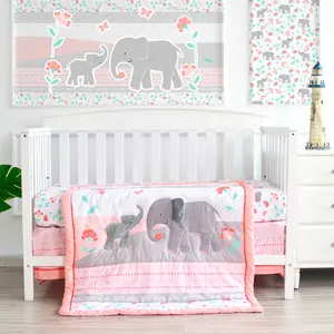 Baby Bed Sheet Pink Cartoon Elephant Organic Cotton Cot Bed Set Nursing Baby Crib Bedding Sets For Girls