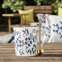 Nordic mug porselen dicat tangan seri bunga tanaman biru 350ml cangkir keramik untuk penggunaan rumah tangga