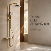 Système de douche apparent en laiton doré brossé avec étagère de rangement, ensemble de douche 3 fonctions (pluie et massage) en céramique pour appartement et hôtel