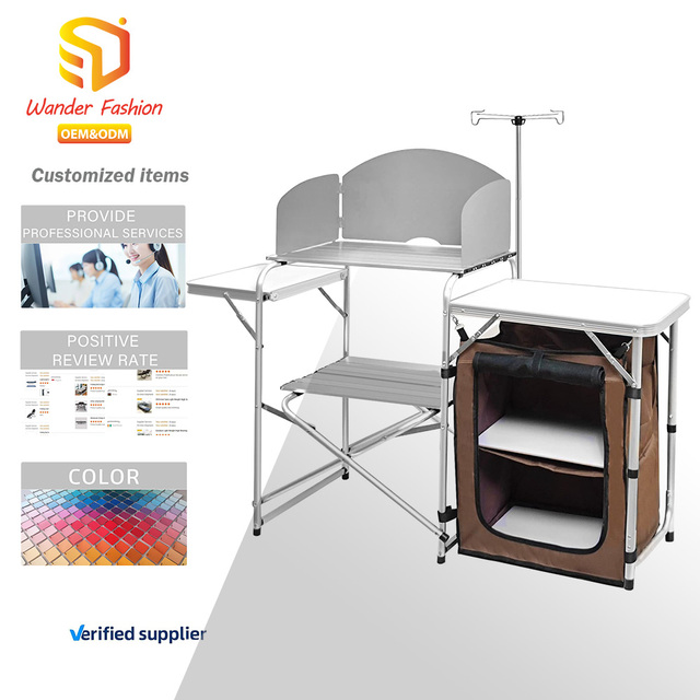 Folding Cooking Table Outdoor Portable Cook Station Aluminum Camping Kitchen with Storage Organizer, Windscreen, Hooks