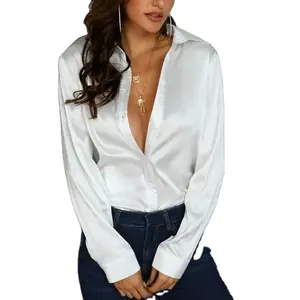 Camisa feminina formal de botão, para escritório, de seda, tops e blusas de cetim