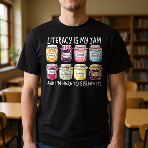 Literacy Is My <b>Jam</b> <b>T</b>-<b>Shirt</b> Black Adult Unisex Crew Neck Short Sleeve Promotional <b>Shirt</b> - Product Image 3
