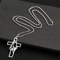 Collier pendentif croix mains jointes rétro tendance européen et américain, chaîne à maillons en acier inoxydable, bijoux chrétiens pour hommes et femmes