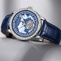 Nouvelle Arrivée Montre Mécanique Automatique pour Homme, Cadran Creux Cartographique, Lunette Sertie de Diamants, Bracelet en Cuir, Étanche, Montre-Bracelet de Costume Professionnelle