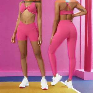 2024 nuovo stile da donna pantaloncini sportivi in Spandex/Nylon con parte anteriore della vita incrociata da palestra e Yoga indossano pantaloncini elasticizzati attivi