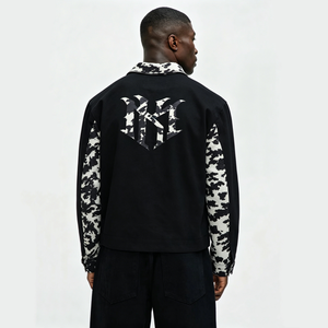 Veste en jean tendance pour homme, coupe courte, à revers, avec patchwork à pois de vache, fermeture éclair, imprimé lettres gothiques et poches, style décontracté - Product Image 1