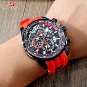 Montre rouge MINI FOCUS pour homme, montre-bracelet à quartz chronographe de luxe tendance avec bracelet en silicone, aiguilles lumineuses, date, étanche 0350 - Product Image 4