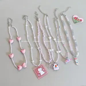 2023 Summer Sweet Cool Pink Pearl Beaded Necklace Love Rabbit Bear Pendant Choker y2k Accessories Heart Necklace Girl