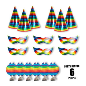 Kit di Accessori per Feste Arcobaleno per Bambini e Adulti, Cappelli a Cono, Maschere e Soffietti per Compleanni, Carnevale e Festival - Product Image 1