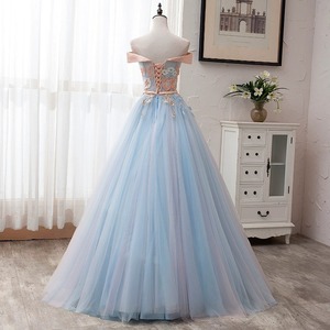 Off The Shoulder Light Blue Tulle Ball Gown Floral Print Empire Waist Evening Dress For Women Adult - Product Image 4