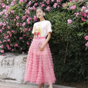 Cherry Blossom Pink Multi Layer Cake Dress Mesh Large Swing Dress Makes French Niche Skirt Heavy Work High Waist Skirts