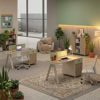 Poste de travail individuel moderne à pied en A avec armoire latérale de rangement en panneau de classe E1, écran de confidentialité vert, finition importée, bureau pour personnel durable