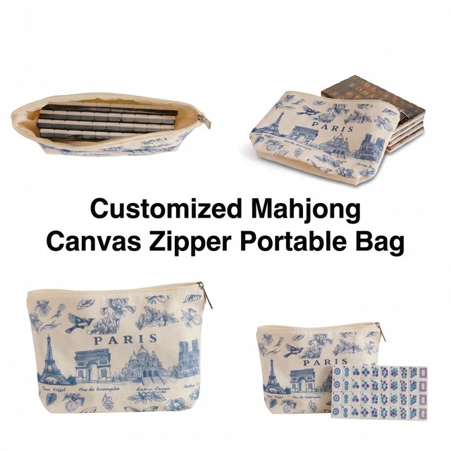 Wholesale Custom Print Mahjong Canvas Zipper Bag Portable Travel Toiletry Bag Pen Pouch for Daily Use