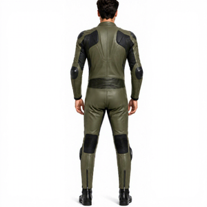 Traje de Motociclismo de Cuero Verde Oliva y Negro para Hombre, Resistente al Viento, con Bloques de Color y Protección - Product Image 2