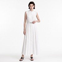 Robe midi blanche sans manches à col mandarin avec jupe plissée et boutons sur le devant, robe décontractée style A pour tous les jours