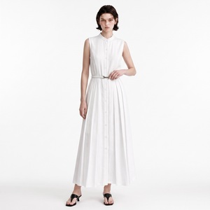 White Sleeveless Mandarin Collar Midi <b>Dress</b> With Pleated Skirt And Button Front A-Line Casual <b>Dress</b> For Daily Wear - Product Image 4