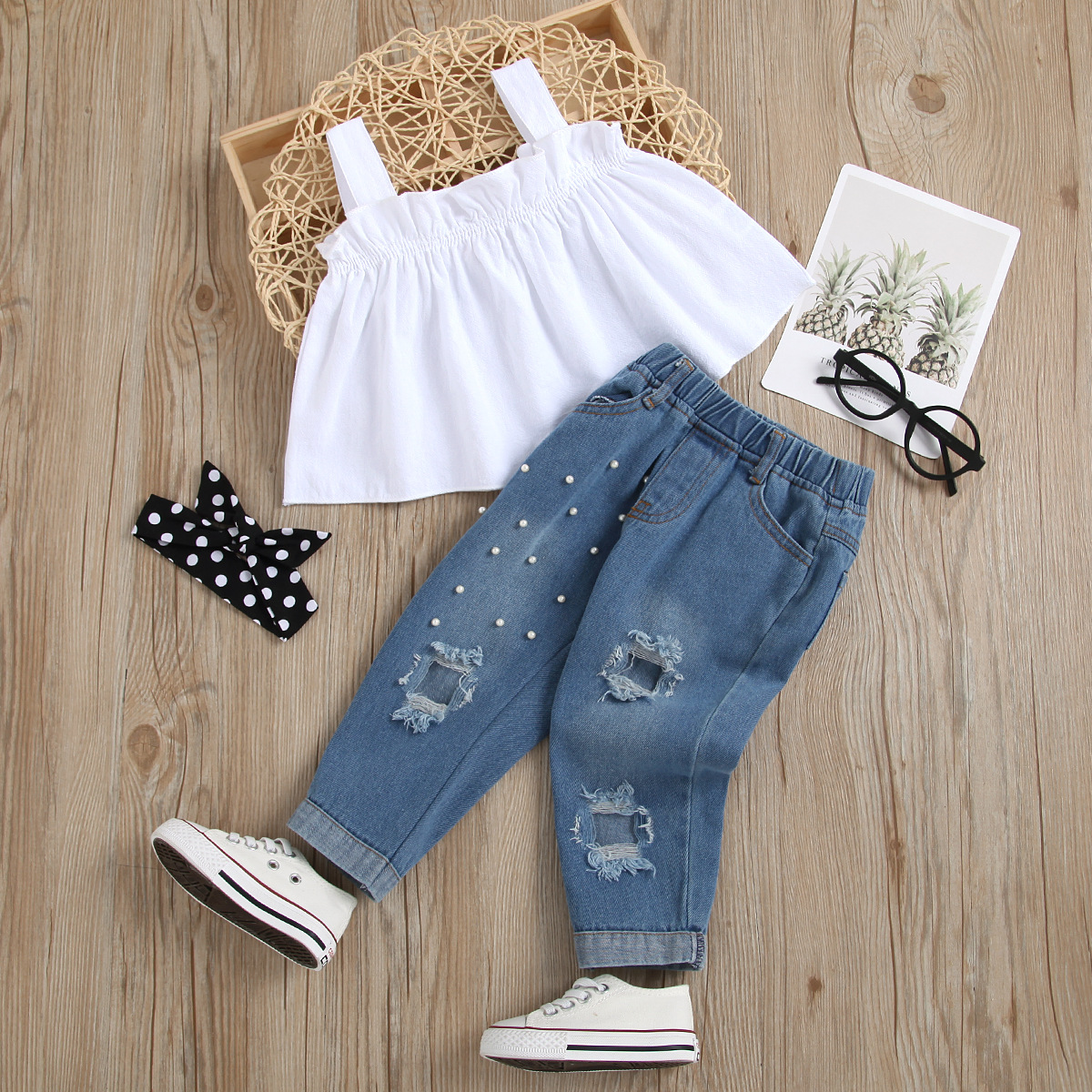 New Product Hot Sale Off Shoulder Top and Jeans Pants 2Pcs Baby Kid Girls  Summer Clothes