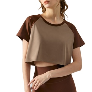 Été court couleur contraste running top lâche séchage rapide manches raglan yoga chemises manches t-shirt fitness chemises - Product Image 6