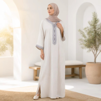 Gandoura Abaya Robe en Coton à Rayures avec Bordure Tressée Vêtements Modestes pour Femmes Musulmanes Jabador pour Femmes Kaftan Traditionnel