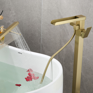 All Copper Brushed Gold Floor Bathtub Faucet Waterfall Shower Pedestal With Rectangle Rain Showerhead - Product Image 3