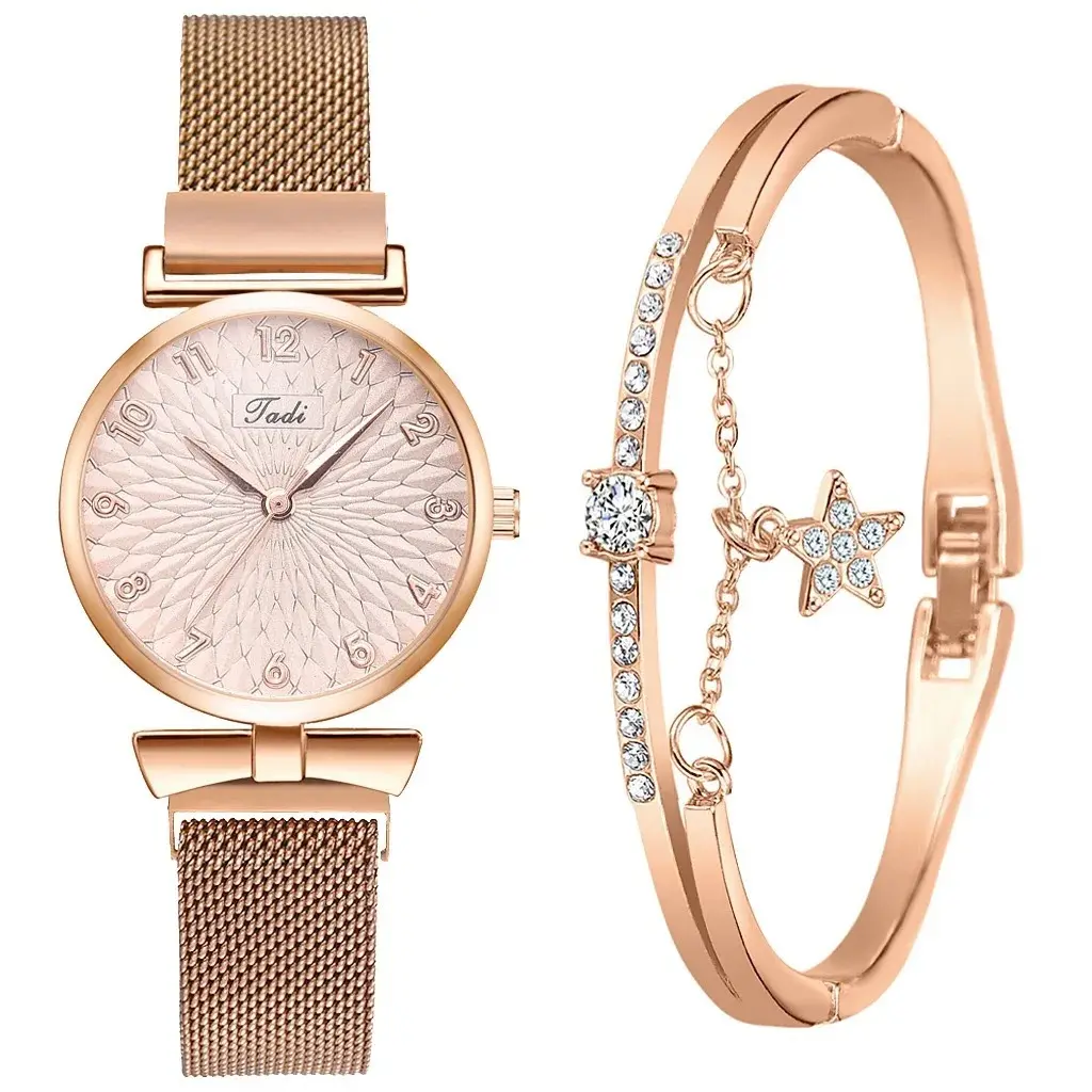 2 piezas conjunto mujer lujo señoras relojes de pulsera de cuarzo estrella cristal oro rosa mujer moda señora pulsera reloj señoras