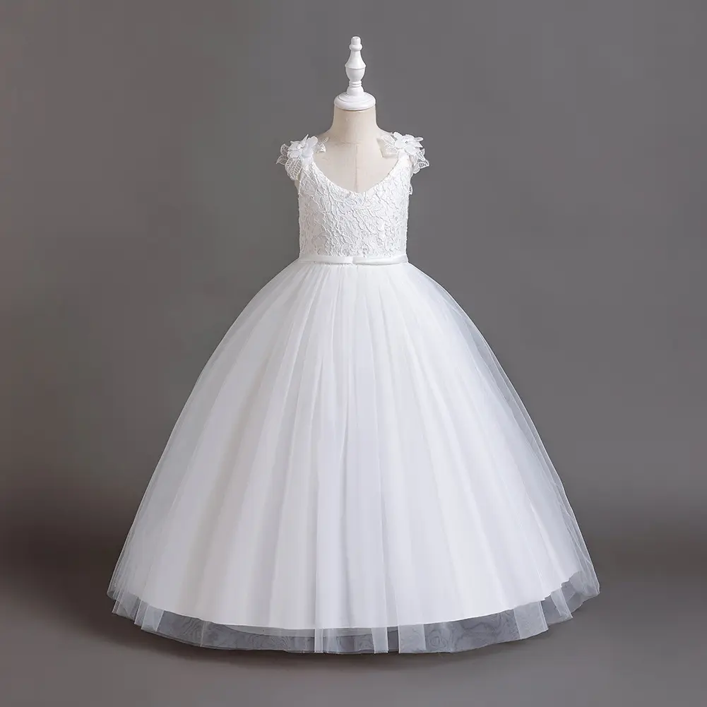 Mädchen Kleidung 6-12 Jahre Erstkommunion Party Brautkleider Blume Prinzessin Kinder Weiß für Mädchen lang