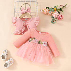 2024 automne enfant en bas âge tenues en gros sans manches Peplum manteau court + manches longues maille appliques robe bébé fille vêtements - Product Image 2