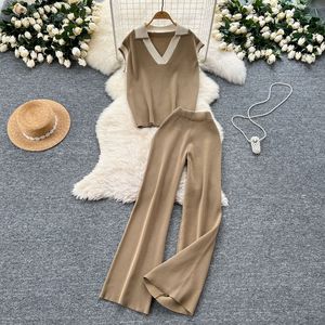 ชุดเซ็ต 2 ชิ้น เสื้อถักแขนกุดคอปกสีสันเรโทรฤดูร้อน กางเกงขายาวเอวสูงทรงขากว้าง แฟชั่นสำหรับผู้หญิง - Product Image 4