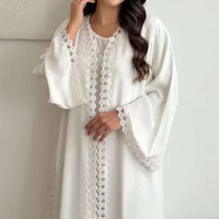 Ensemble deux pièces élégant en polyester blanc avec bordure en dentelle, abaya longue, kimono cardigan et robe intérieure pour femmes musulmanes, taille XXL