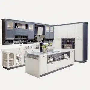 Gabinete de cocina lacado grande en forma de U con diseños modernos blancos y azules claros para Cocina