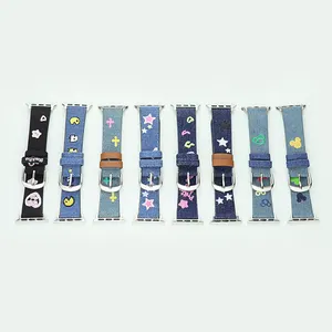 Tschick Butterfly Embroidered Denim Leather Watch Strap For Apple Watch Band 41mm 40mm 38mm Girl Band For iwatch 8 7 SE 6 5 4 3