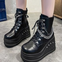 Bottines compensées à plateforme pour femme en cuir verni avec chaînes, style punk, à talon épais, pour soirée