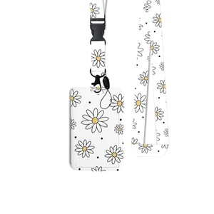 White flower carabiner badge scroll with <b>clip</b>, printable customer design card holder, lanyard set, in stock. - Product Image 5