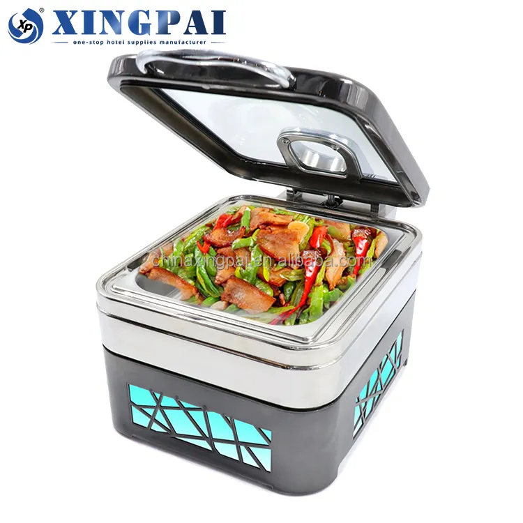 XINGPAI-platos de frotamiento de vidrio de acero inoxidable, calentador de comida para buffet con base led, 4L, directo de fábrica