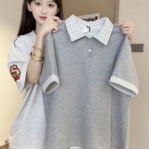 Chemise décontractée pour femme en coton et fibre de bambou respirante, tricotée, grise, à manches courtes, col à carreaux, longueur standard - Product Image 3